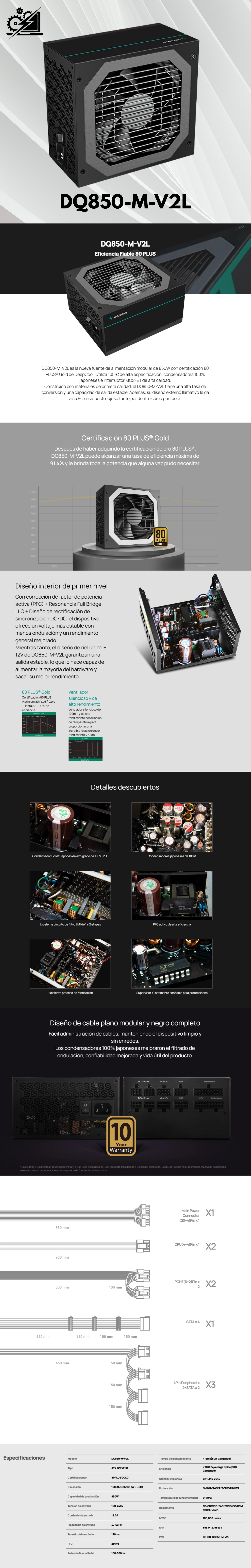 Fuente de Poder Deepcool DQ850-M-V2L / 850W 80 Plus Gold / Full Modular / DP-GD-DQ850M-V2L /