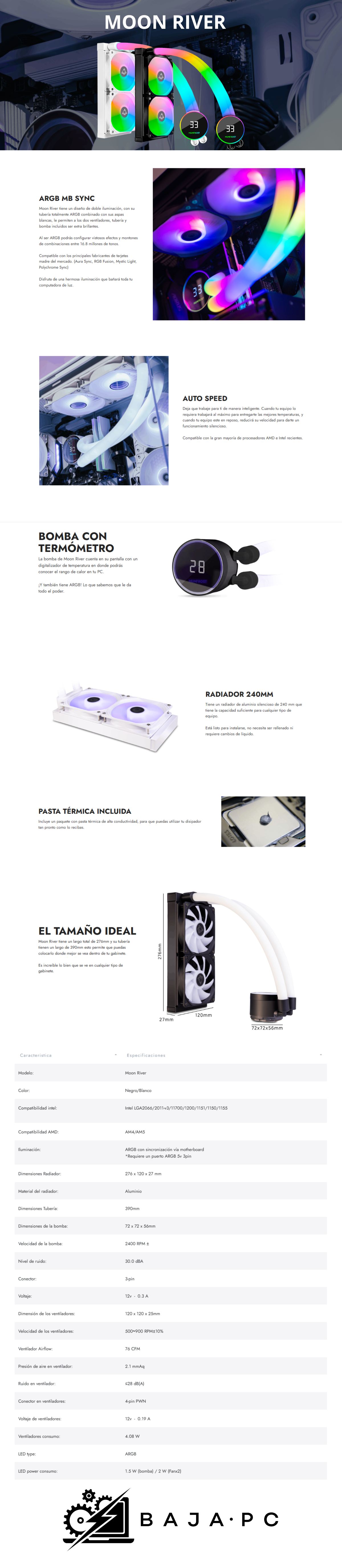 Enfriamiento Líquido Munfrost Moon River 240 ARGB / Bomba Con Termómetro / Auto Speed / Pump Speed 2400RPM / Black
