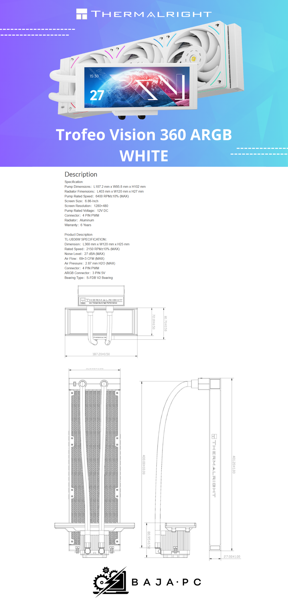 Enfriamiento Liquido Thermalright Trofeo Vision 360 ARGB WHITE / AMD / INTEL /  Pantalla 6.86 pulgadas  1280x480 