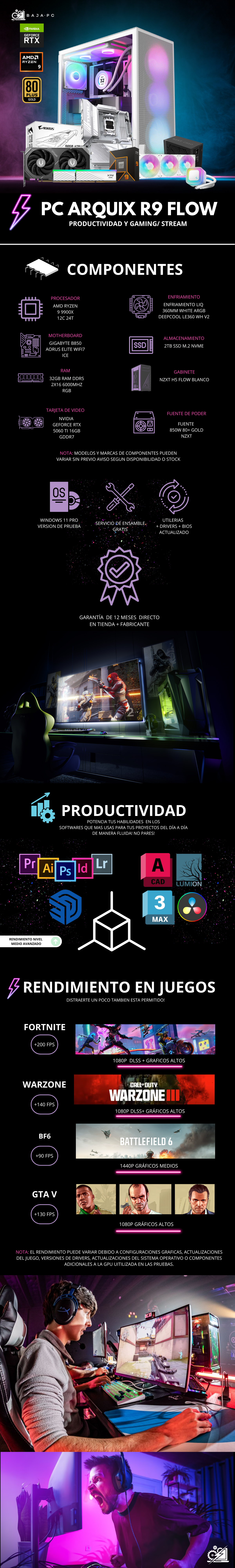 PC ARQUIX R9 FLOW / AMD RYZEN 9 9900X / RTX 5060 TI 16G / 32GB RAM DDR5 / 1TB SSD NVME / ENFRIAMIENTO LIQ 360MM / FUENTE 850W 80+ GOLD / W11 PRO / PROMOCION