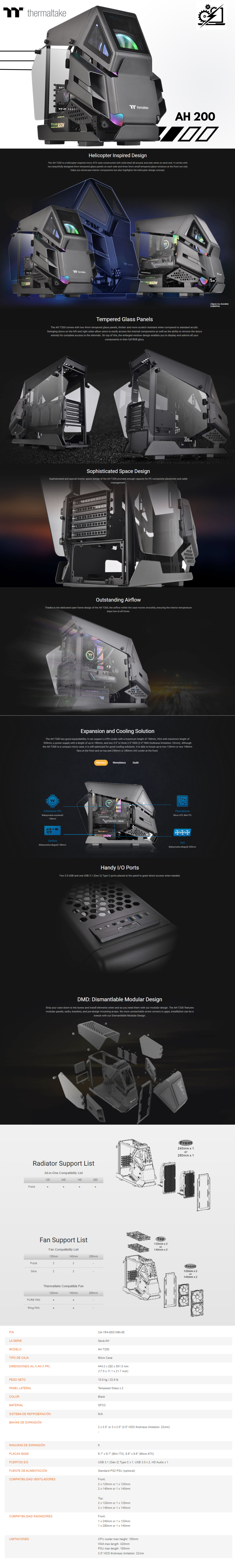 Gabinete Thermaltake AH T200 / Micro Towe / Micro-ATX/Mini-ITX / Cristal Templado / USB 3.0/3.1 / Sin Fuente / Negro / CA-1R4-00S6WN-00