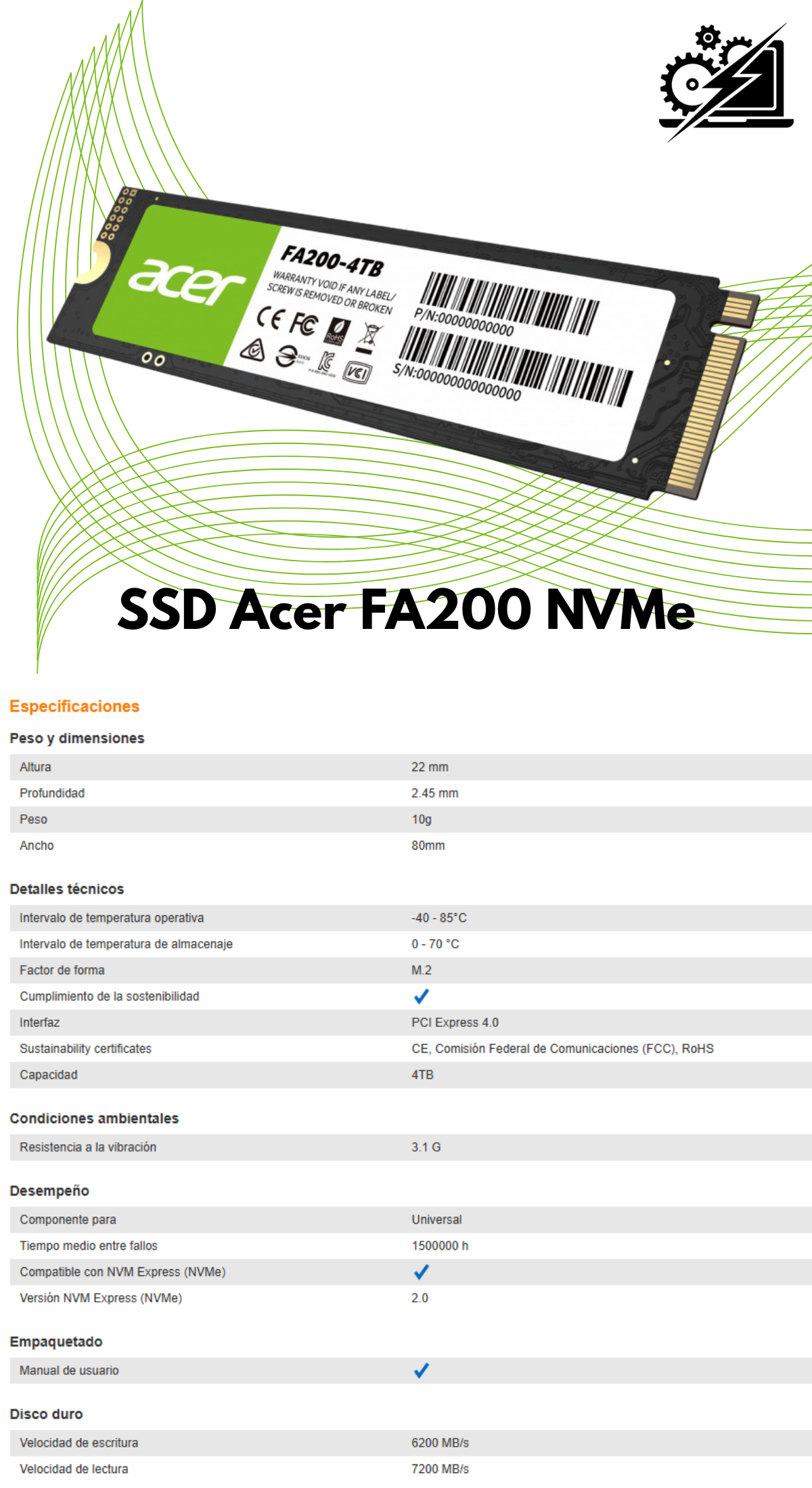 Unidad de Estado Sólido Acer FA200 NVMe / 4TB / 7200MB/s / PCI Express 4.0 / M.2 / FA200-4TB