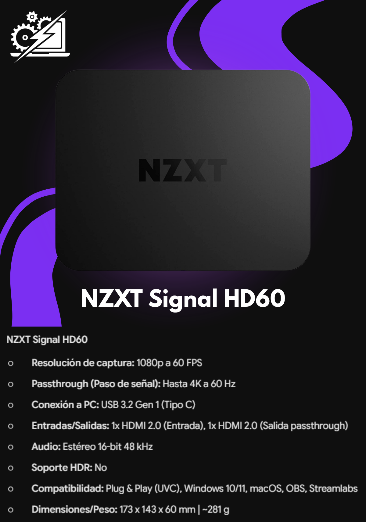 NZXT Signal HD60 Full HD Tarjeta de Captura USB - ST-EESC1-WW - HD60 (1080p) - Transmisión en Vivo y Juegos