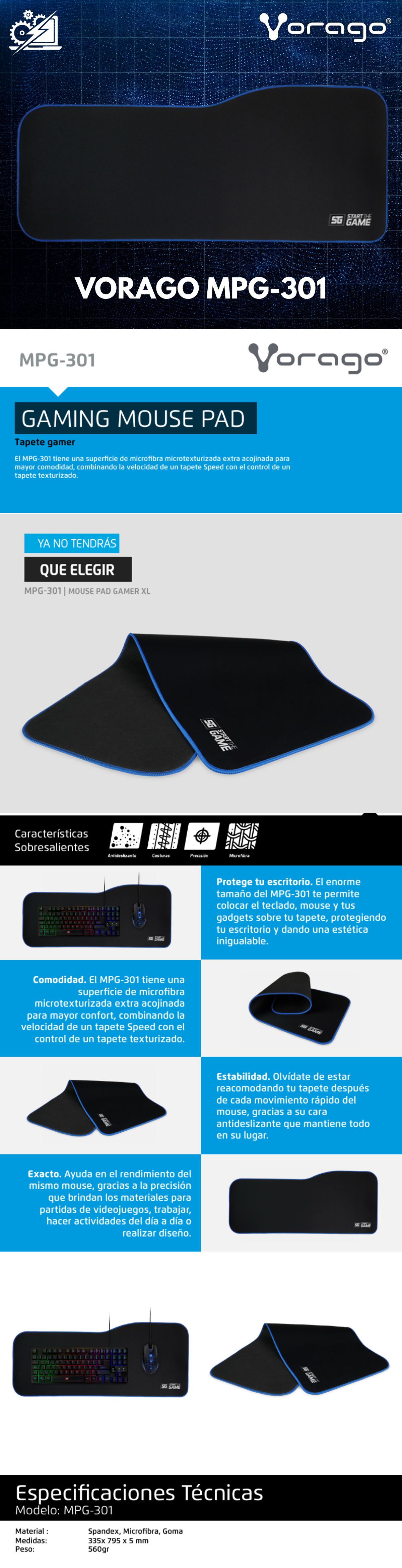 Vorago MPG-301 Mousepad Gamer XL Start The Game, Microfibra, Base Antideslizante 80 x 34.5 x.5 cm