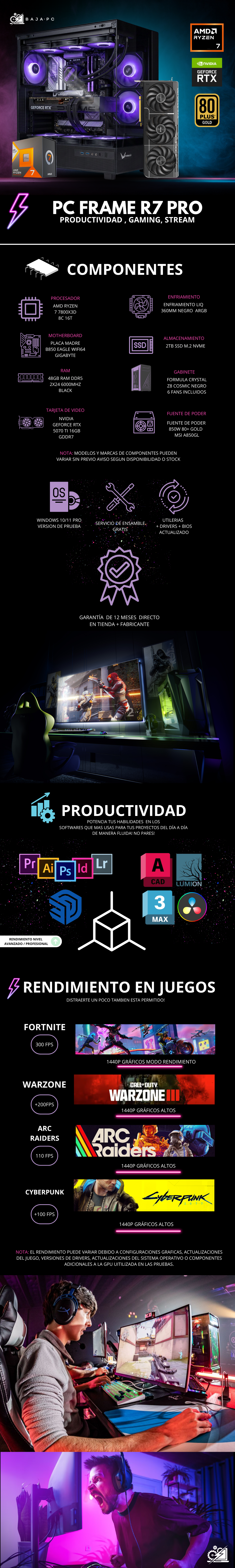 PC FRAME R7 PRO / AMD RYZEN 7 7800X3D / RTX 5070 TI / 48GB RAM DDR5 / 2TB SSD NVME / ENFRIAMIENTO LIQ 360MM / FUENTE 850W 80+ GOLD / W11 PRO / PROMOCION