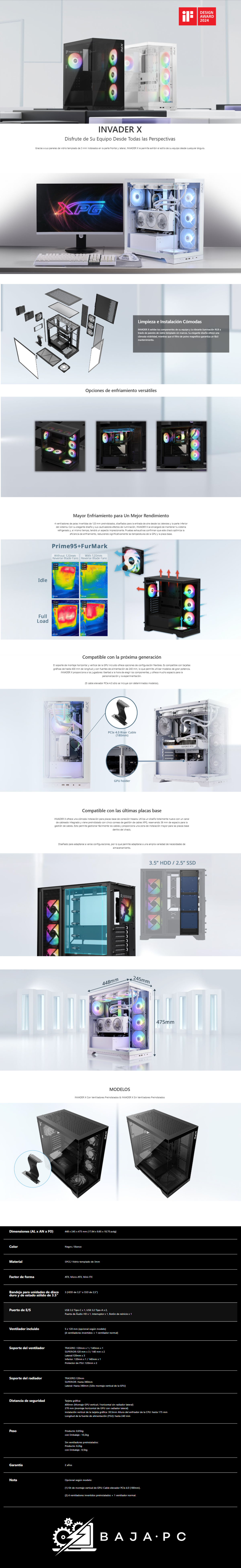 Gabinete XPG Invader X White / Cristal Templado / ATX / USB 3.2 / Audio HD / Incluye 5 Ventiladores / INVADERXMT-WHCWW