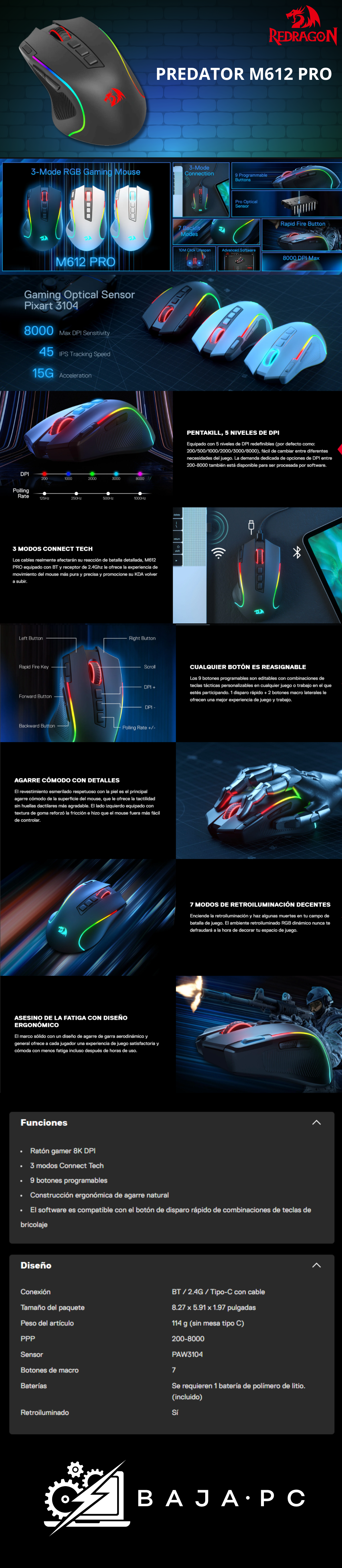 Mouse Gamer Redragon Predator M612 RGB PRO / Inalámbrico / Negro / 7 modos de Retroiluminación / M612RGB-PRO