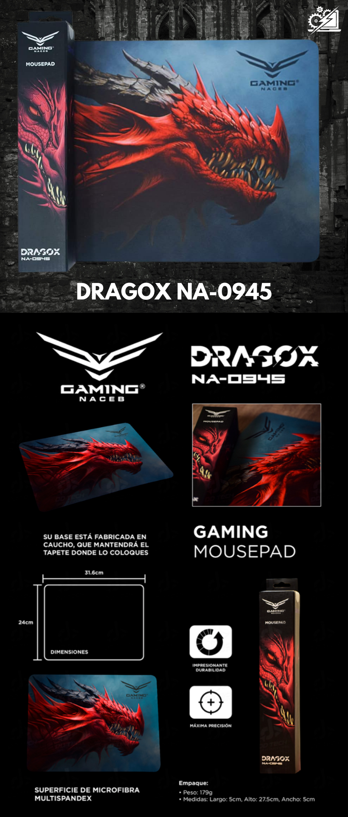 Mouse Pad Gamer Naceb DRAGOX / Antiderrape / Negro / NA-0945