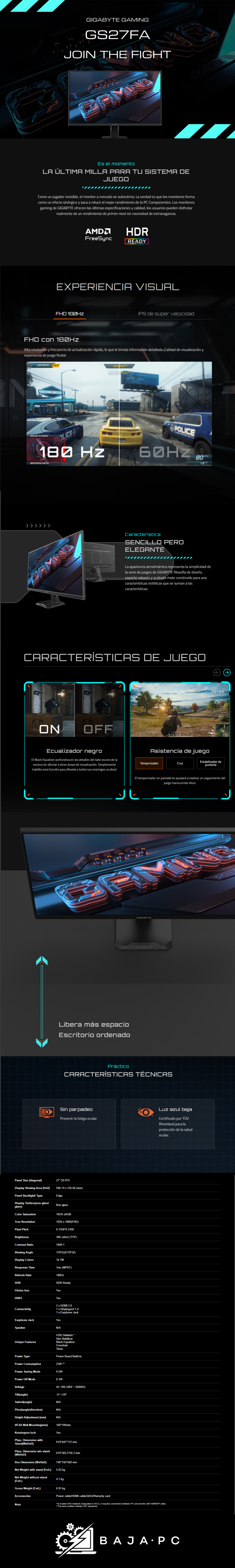Monitor Gamer Gigabyte 27 Gaming GS27FA / HDMIx2 - DP / 1ms / 180Hz / IPS / FHD / AMD FreeSync