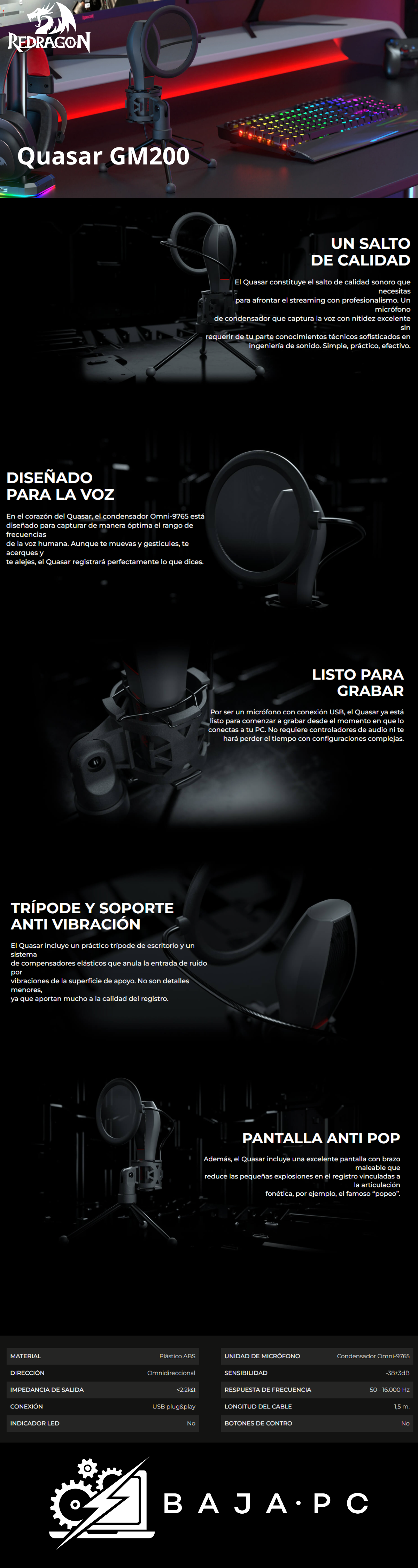 Microfono Redragon Quasar GM200, Plug-And-Play, USB, Filtro anti POP