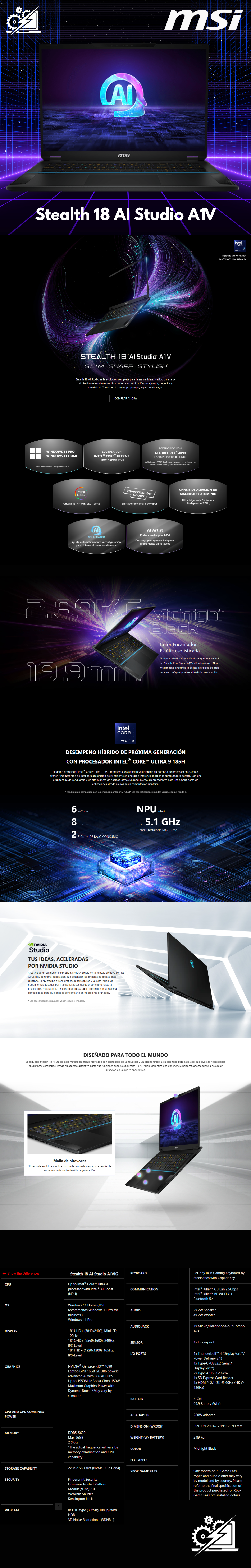 MSI Stealth 18 AI Studio 18” 240Hz QHD+ Gaming Laptop: Intel Ultra 9-185H, NVIDIA Geforce RTX 4090, 32GB DDR5, 2TB NVMe SSD, Cooler Boost 5, Win 11: Black A1VIG-009US / EQUIPO DE EXHIBICION