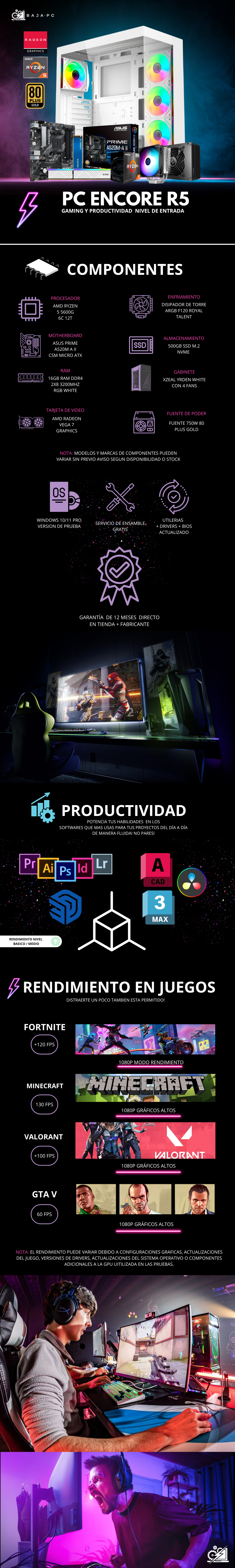 PC ENCORE R5 / AMD RYZEN 5 5600G / RADEON VEGA GRAPHICS / 16GB RAM / 500GB SSD M.2 NVME / FUENTE 750W 80+ GOLD/ PROMOCION