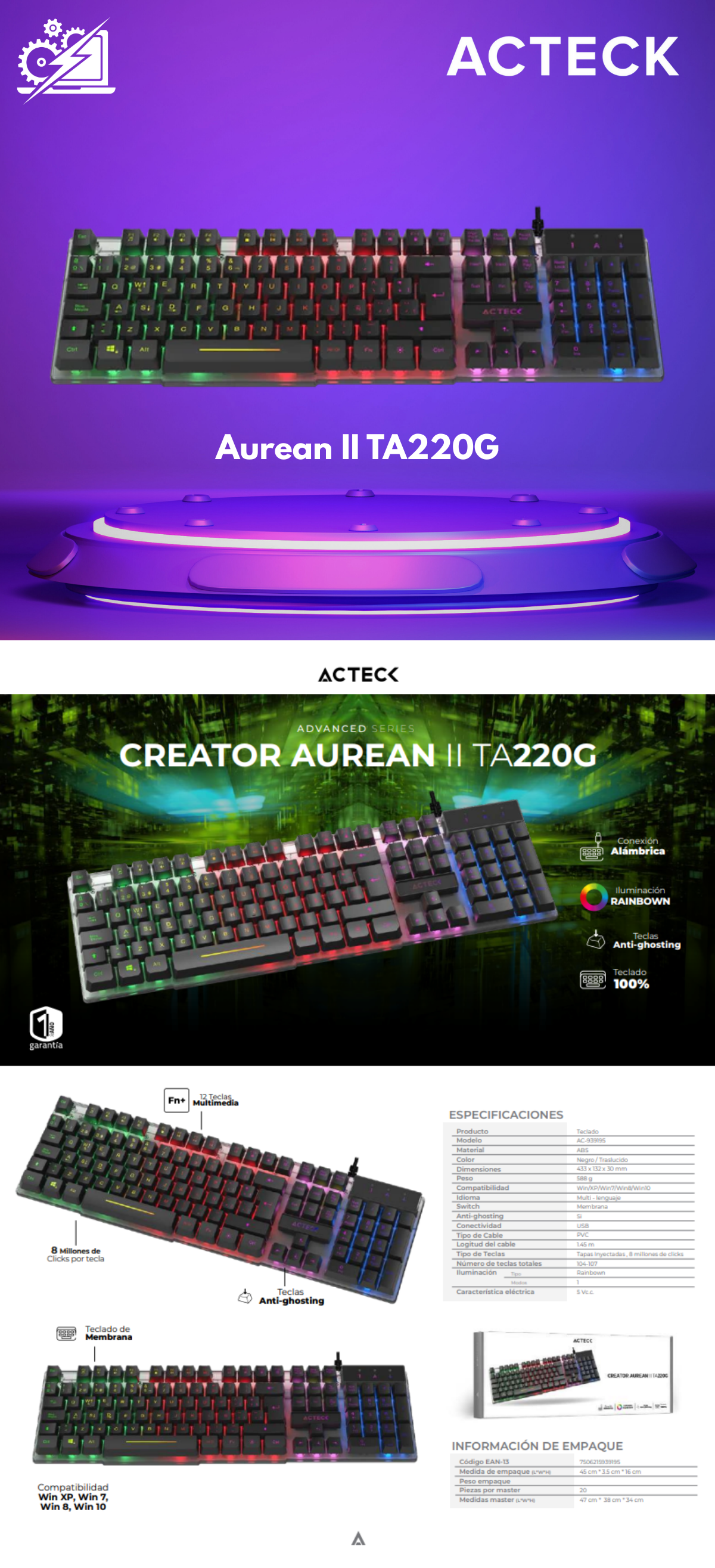 Teclado Gamer Acteck Creator Aurean Ii Ta220g Alambrico Led Usb Negro