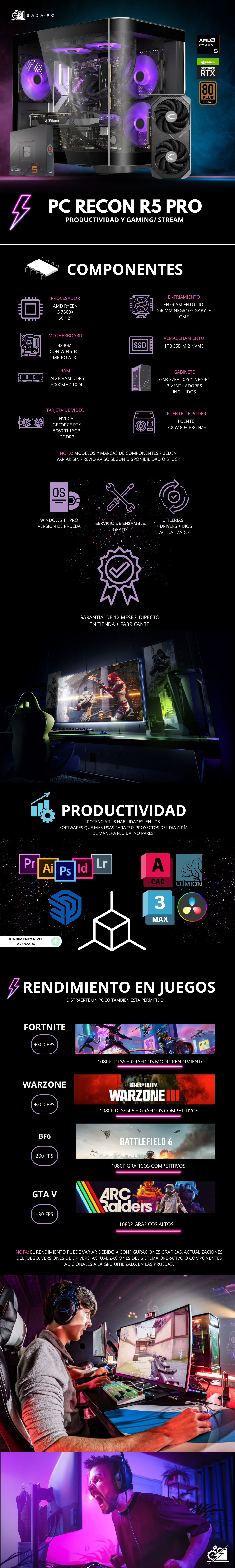 PC RECON R5 PRO / AMD RYZEN 5 7600X / RTX 5060 TI 16G / 24GB RAM DDR5 / 1TB SSD NVME / 700W 80+ BRONZE / ENFRIAMIENTO LIQ 240MM / W11 PRO / PROMOCION