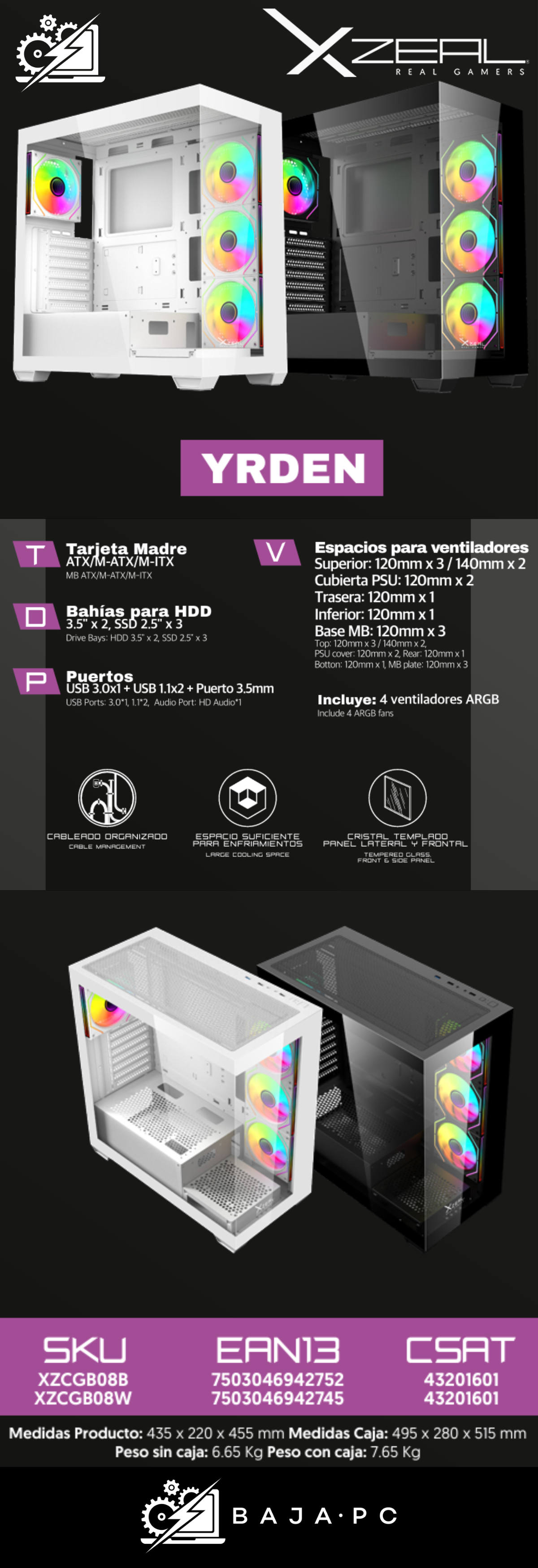 Gabinete Gamer Xzeal XZEAL YRDEN XZ-140 / 4 Ventiladores ARGB Incluidos / ATX / USB 3.0 / Panel Lateral y Frontal de Cristal Templado / Negro / XZCGB08B