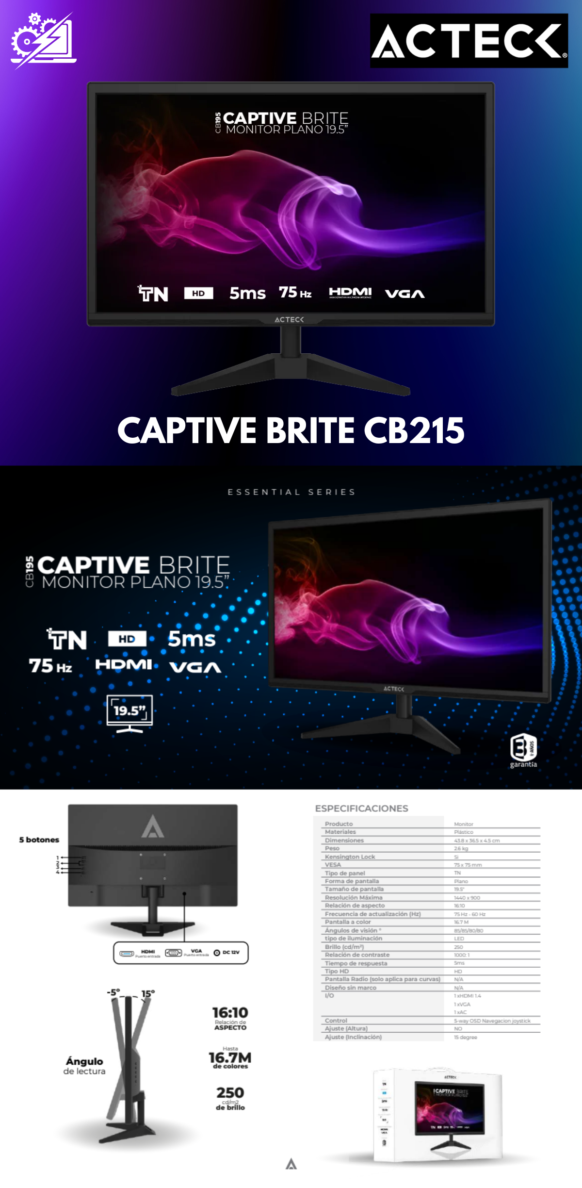 Monitor Acteck CB195 Captive Brite / Plano / 19.5 pulgadas / 1600x900 / Panel TN / 60HZ / 5MS / VGA 