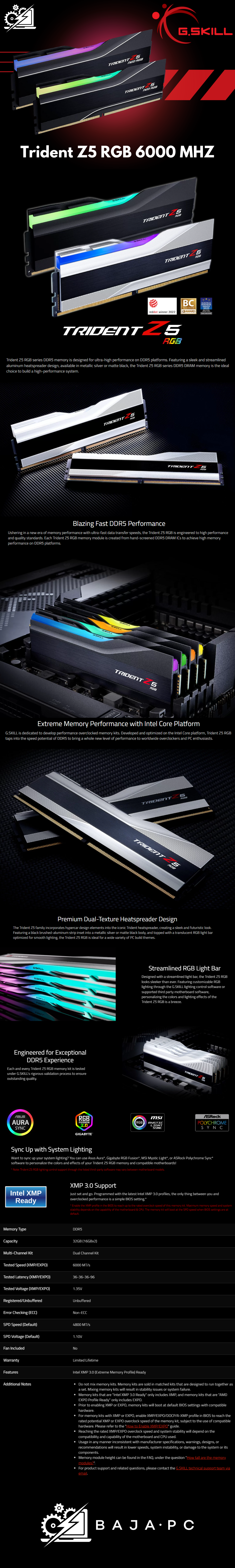 Memoria RAM 32GB DDR5 GSkill Trident Z5 RGB 6000Mhz Negras / Kit 2x16GB / F5-6000J3636F16GX2-TZ5RK / SOLO VENTA EN ENSAMBLE