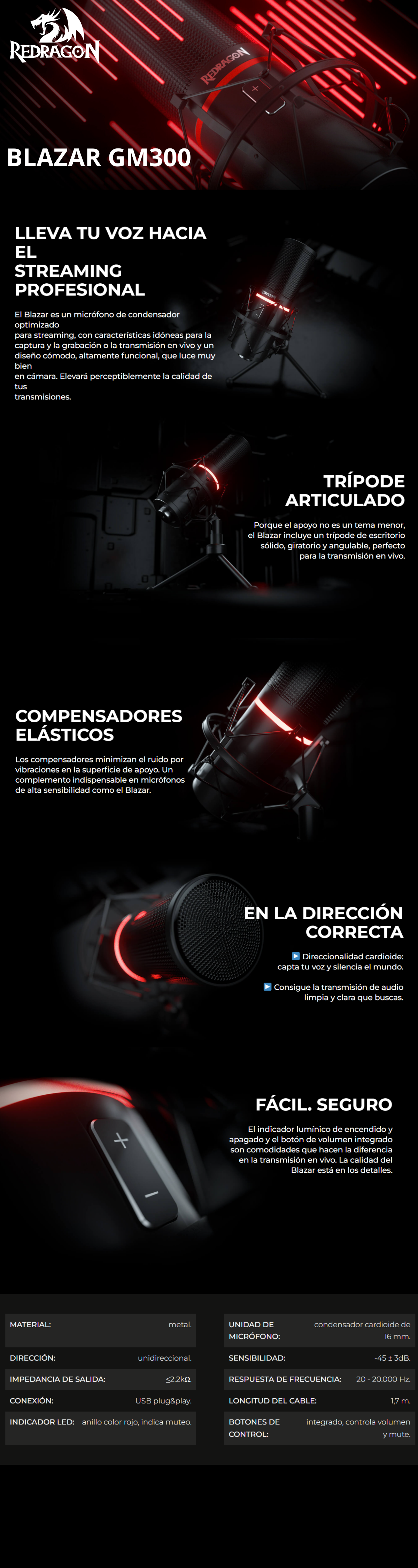Microfono Profesional para Streaming / Redragon GM300 Blazar / Conectividad USB / No requiere amplificador / Tripie y soporte incluidos