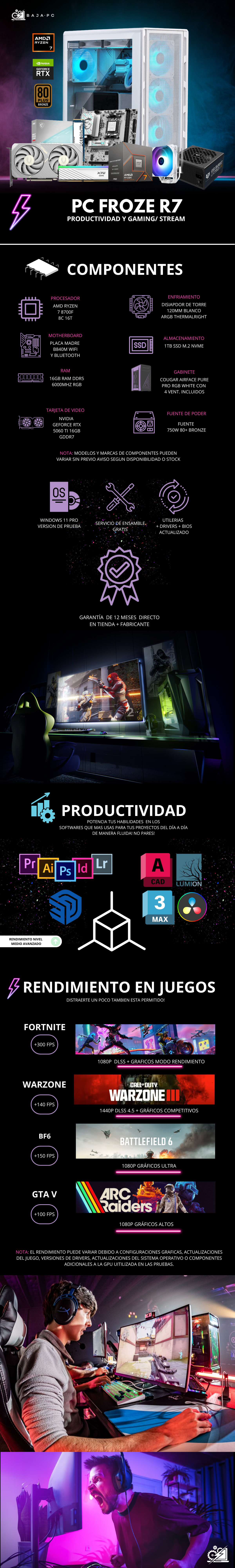 PC FROZE R7 / AMD RYZEN 7 8700F / RTX 5060 TI 16G / 16GB RAM DDR5 / 1TB SSD NVME / DISIPADOR DE TORRE 120MM / B840M WIFI / BLUETOOTH / 750W 80+ BRONZE / W11 PRO / PROMOCION