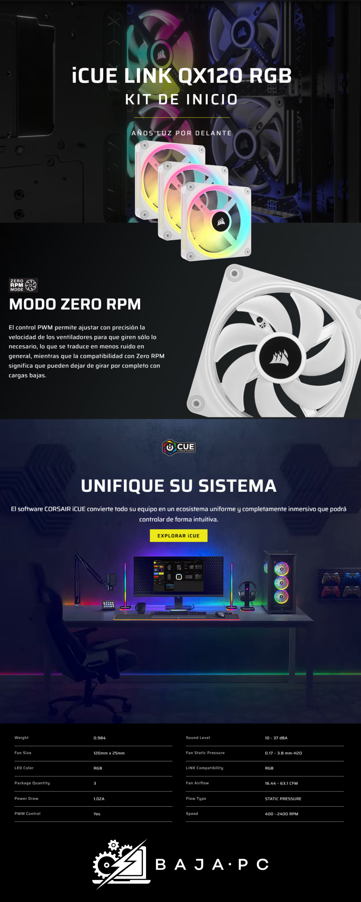 Kit 3 Ventiladores Corsair iCUE Link QX120 RGB / 120mm / 480-2400RPM / Blanco / 3 Ventiladores / CO-9051006-WW