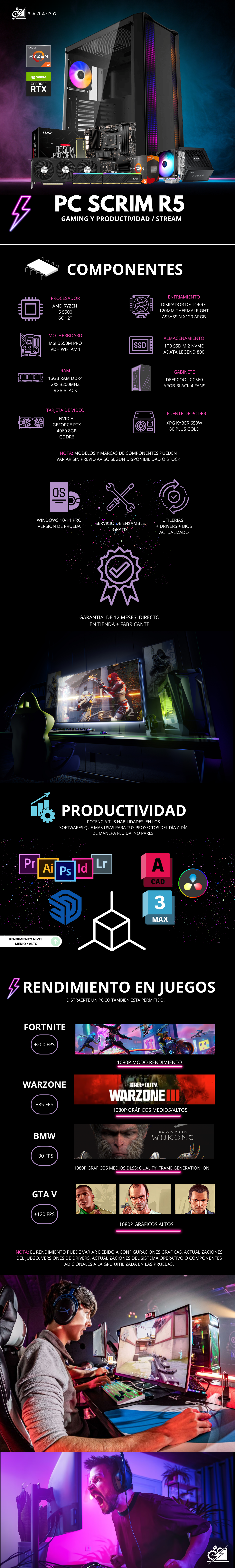 PC SCRIM R5 / AMD RYZEN 5 5500 / RTX 4060 / 16GB RAM / 1TB SSD NVME / FUENTE 650W 80+ GOLD / DISIPADOR DE TORRE ARGB / PROMOCION