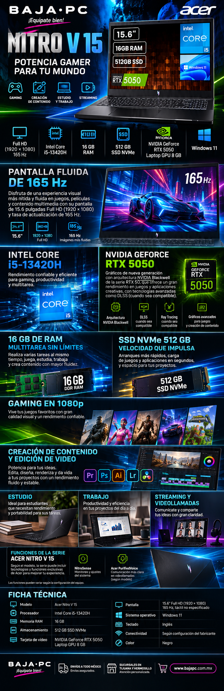 Acer | Nitro V 15 Laptop Gamer 15.6" FHD 165Hz | Intel Core i5-13420H | 16GB RAM | 512GB SSD NVMe | NVIDIA RTX 5050 8GB | Windows 11 | Teclado Retroiluminado | Obsidian Black