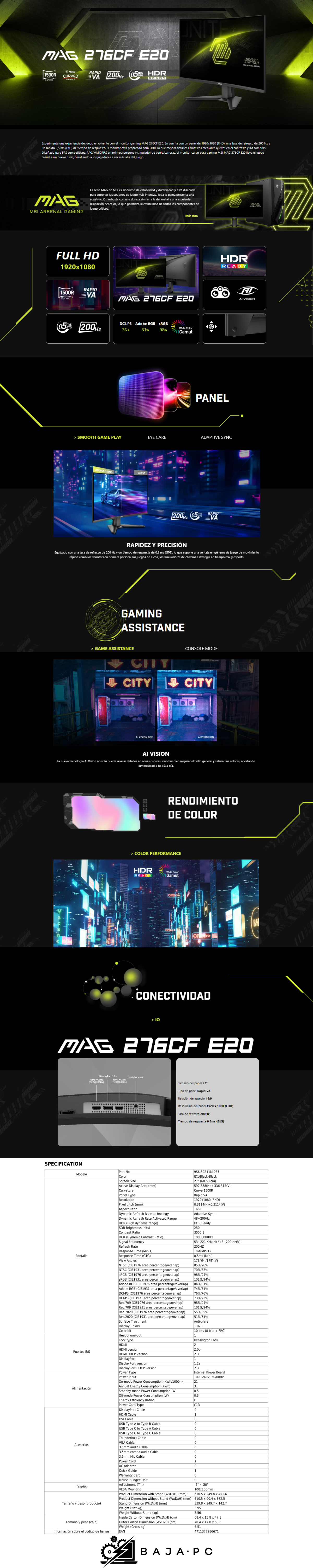 Monitor Gamer MSI MAG 276CF E20 / 27 / FHD / 200Hz / Rapid VA / HDMI/DisplayPort / Adaptive-Sync / HDR Ready / Negro / MAG 276CF E20 