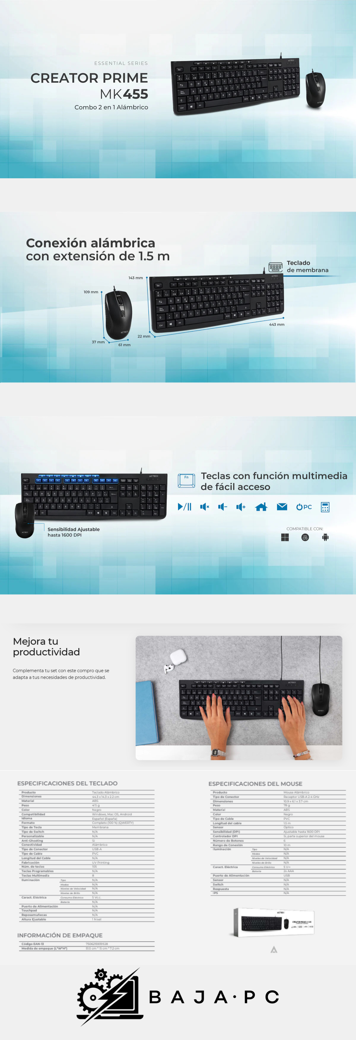 Combo 2 en 1 Alambrico | Creator Prime MK455 | Teclado Clásico Multimedia + Mouse / 1600 DPI | Essential Series | Negro