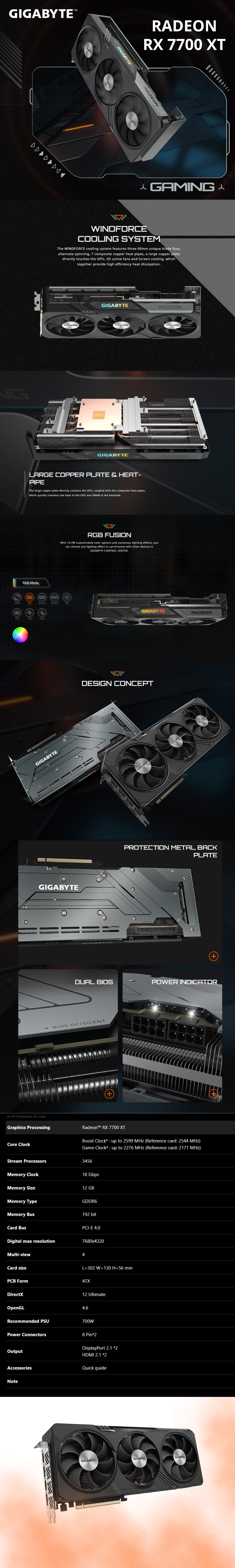 Tarjeta de Video Gigabyte AMD Radeon RX 7700 XT GAMING OC 12G / 12GB 192-bit GDDR6 / PCI Express 4.0 / GV-R77XTGAMING OC-12GD
