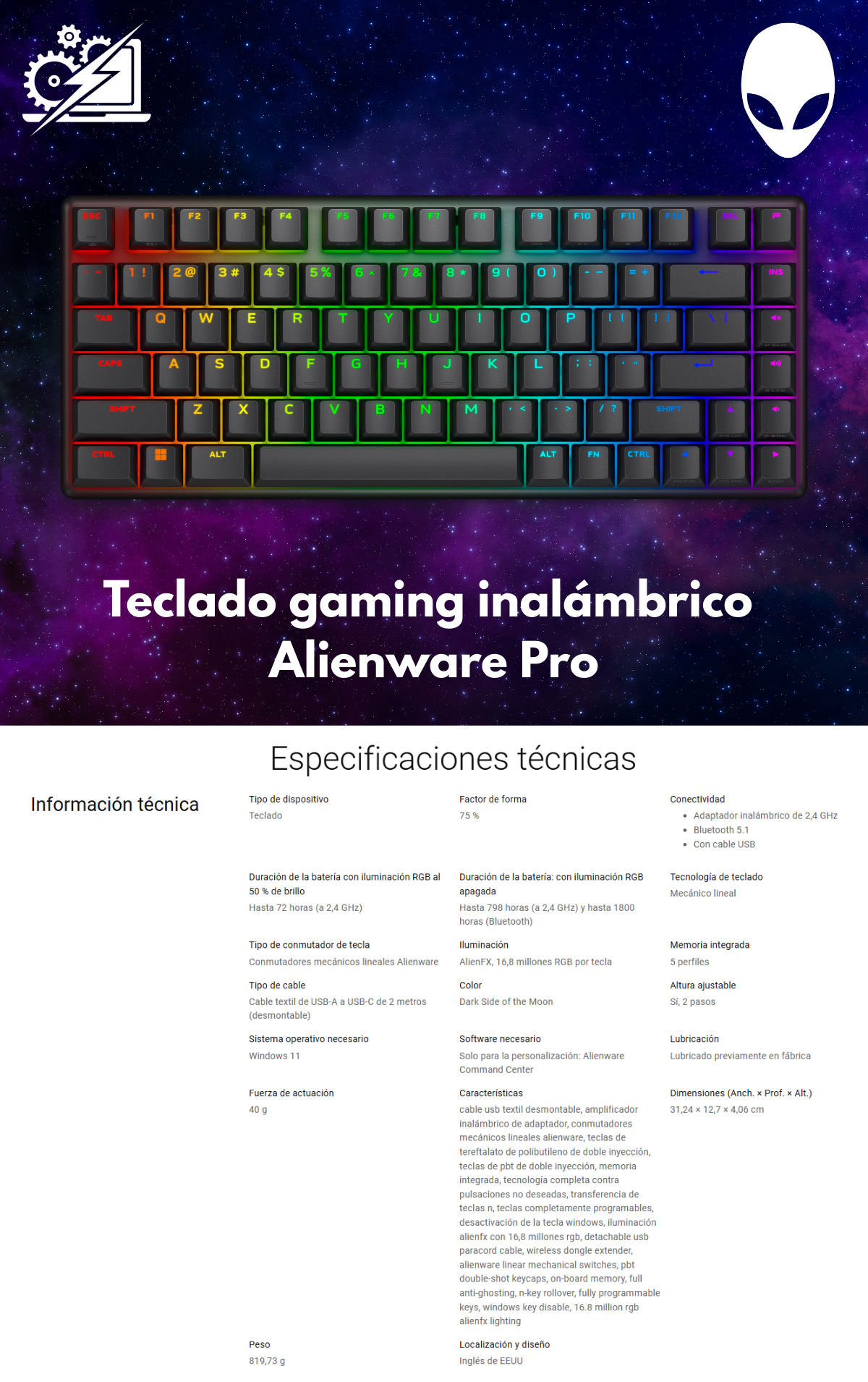 Alienware Pro Wireless Gaming Keyboard - Bluetooth 5.1/2.4 GHz Radio Frequency Connectivity, Linear Mechanical, Hot-swappable switches, Tri mode connectivity, Adjustable Height - Dark Side of the Moon