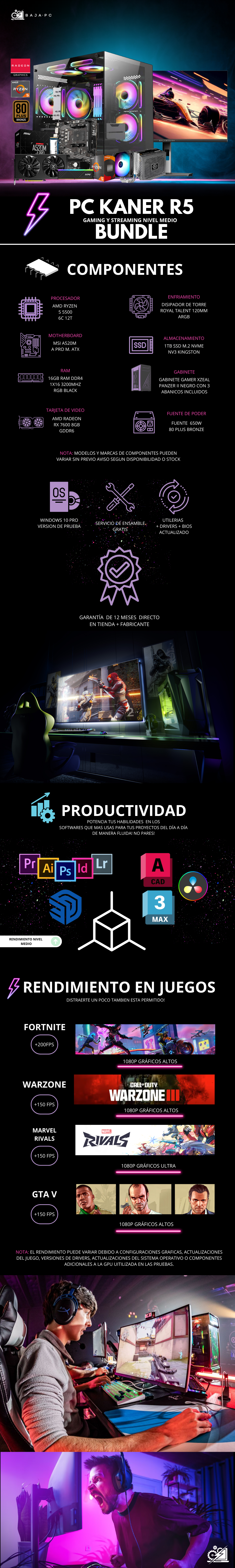 PC KANE R5 BUNDLE / AMD RYZEN 5 5500 / RADEON RX 7600 / 16GB RAM / 1TB SSD M.2 NVME / DISIPADOR DE TORRE /FUENTE 650W 80+ BRONZE / INCLUYE MONITOR 165HZ 1MS FHD / PROMOCION