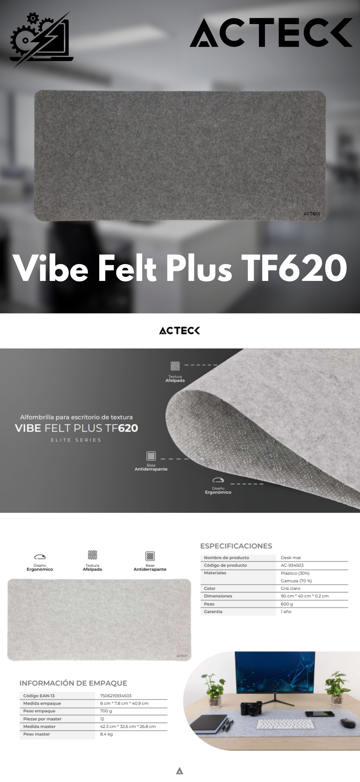 Mousepad Acteck Vibe Felt Plus TF620 / Gris claro/ 90 x40 cm/ AC-934503