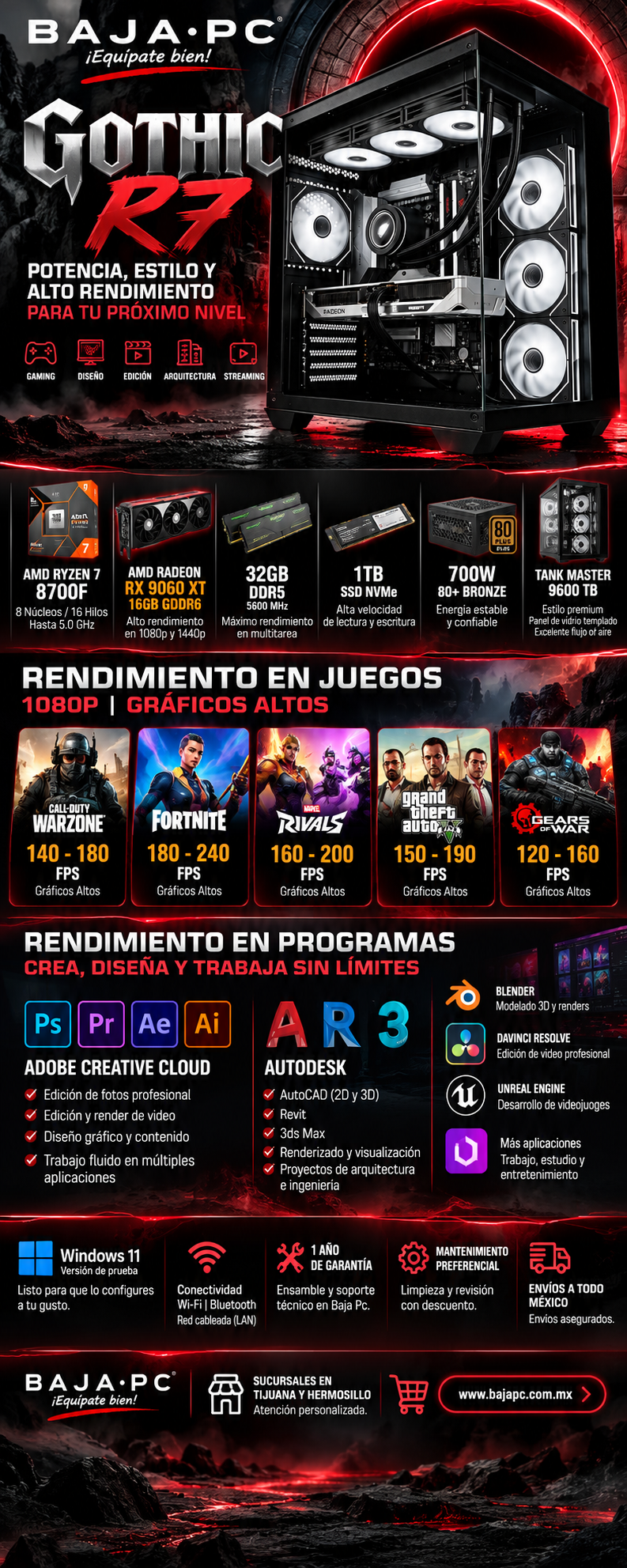 PC GOTHIC R7 / AMD RYZEN 7 8700F/ RADEON RX 9060 XT 16G / 32GB RAM DDR5 / 1TB SSD NVME / ENFRIAMIENTO LIQUIDO 360MM / FUENTE 700W 80+ BRONZE / W11 PRO / PROMOCION
