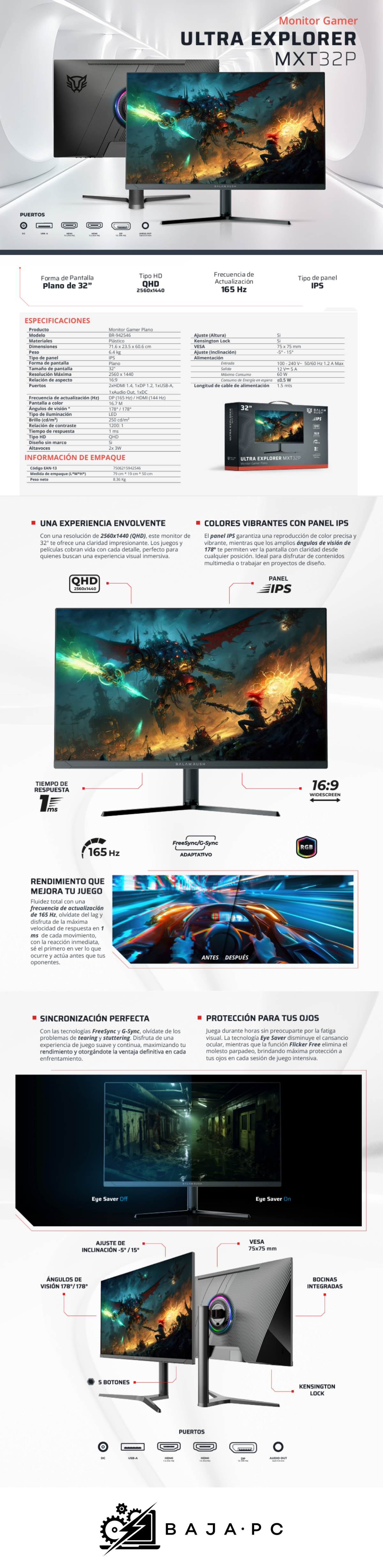 Monitor Gamer Balam Rush Ultra Explorer MXT32P LED 32", 2560x1440 Quad HD, G-Sync/FreeSync, 165Hz, HDMI/DisplayPort, Bocinas Integradas, Negro