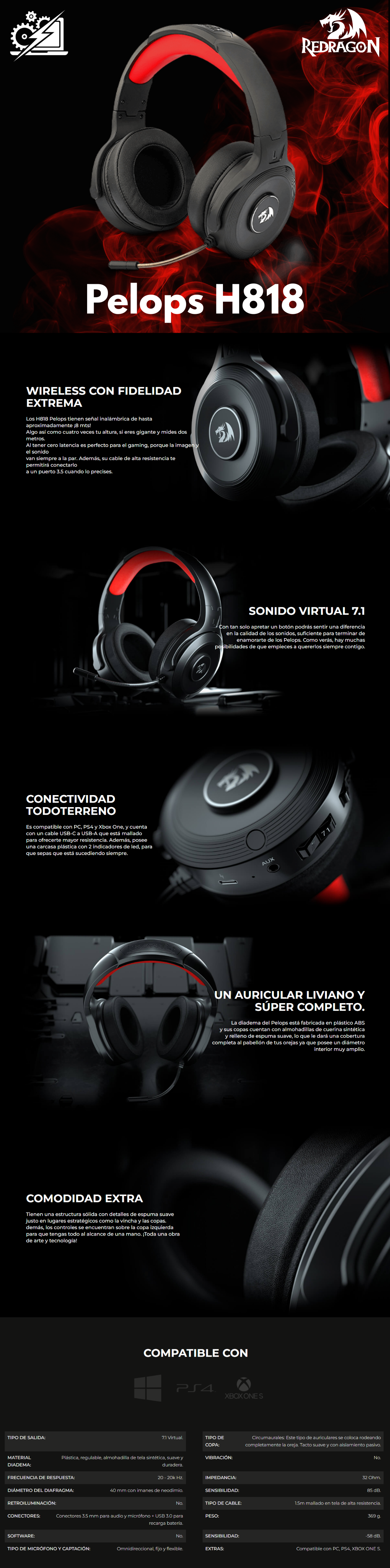 Diadema Gamer Redragon Pelops H818, Inalámbrico, 7.1 Virtual / USB / 3.5mm / PC / Nintendo Switch, Xbox, PS4
