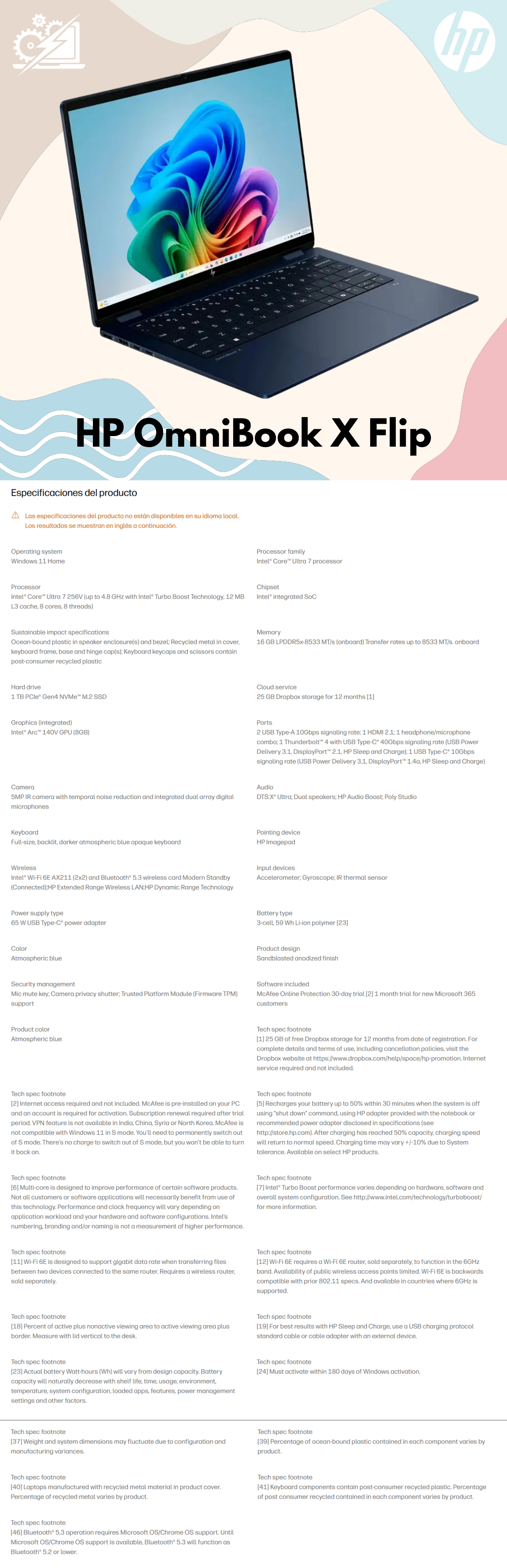 Laptop HP OmniBook X Flip / Intel Core Ultra 7 256V / 1TB SSD / 16GB RAM DDR5 / Pantalla 14.0" 2K 1920x1200 IPS LED / 5MP IR Camera / 14-fm0023dx