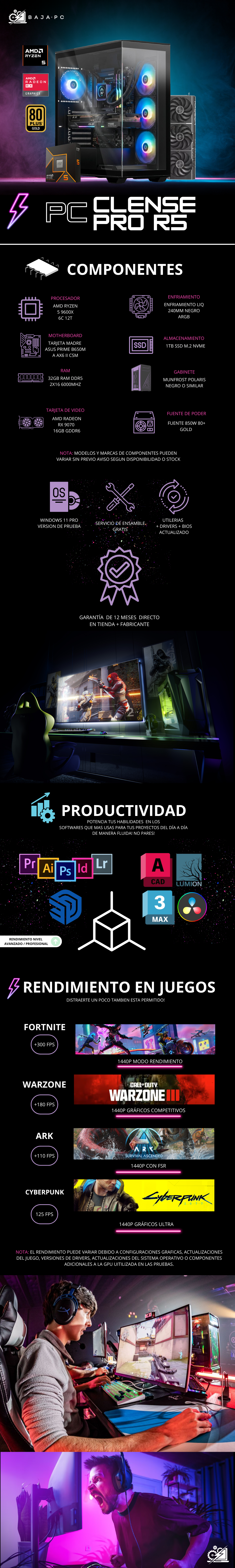 PC CLENSE PRO R5  / AMD RYZEN 5 9600X / RADEON RX 9070 XT 16G / 32GB RAM DDR5 / 1TB SSD NVME / ENFRIAMIENTO LIQ 240MM / FUENTE 850W 80 + GOLD / W11 PRO / PROMOCION