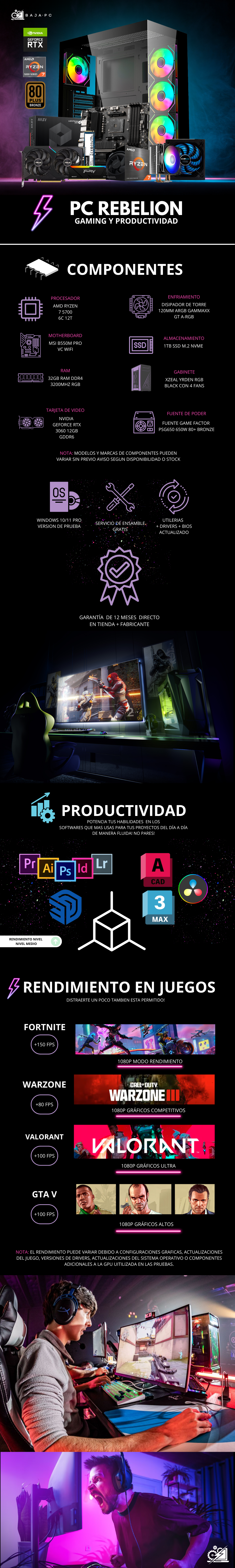 PC REBELION / AMD RYZEN 7 5700 / RTX 3060 / 32GB RAM / 1TB SSD NVME/ DISIPADOR DE TORRE / FUENTE 650W 80+ BRONZE / PROMOCION