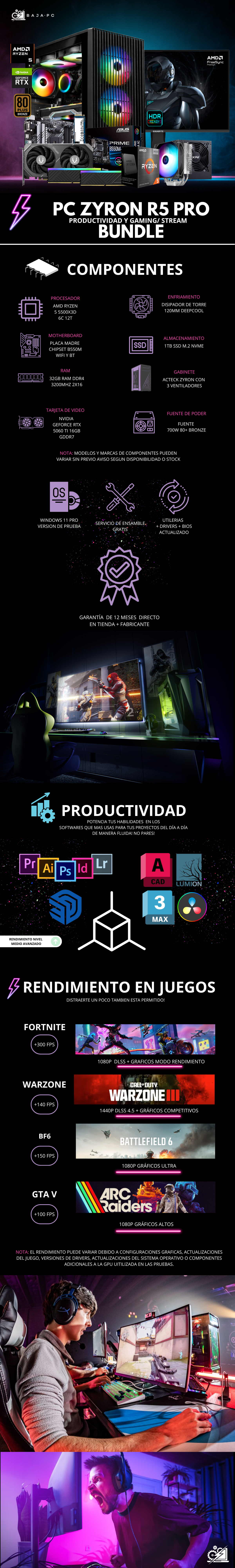 PC ZYRON R5 PRO BUNDLE / AMD RYZEN 5 5500X3D / RTX 5060 TI 16G/ 32GB RAM / 1TB SSD NVME / DISIPADOR DE TORRE 120MM/ FUENTE 700W 80+ BRONZE/ MONITOR 24" FHD 200HZ/ W11 PRO / PROMOCION