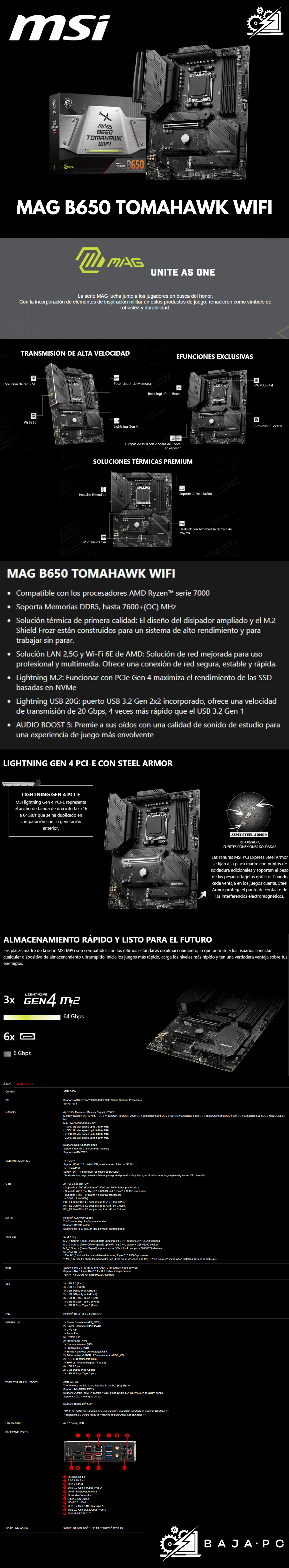 Tarjeta Madre MSI MAG B650 TOMAHAWK WIFI / Socket AM5 / ATX / DDR5 / SATA3 y USB3.2 / M.2 / WiFi / Ryzen 7000 /
