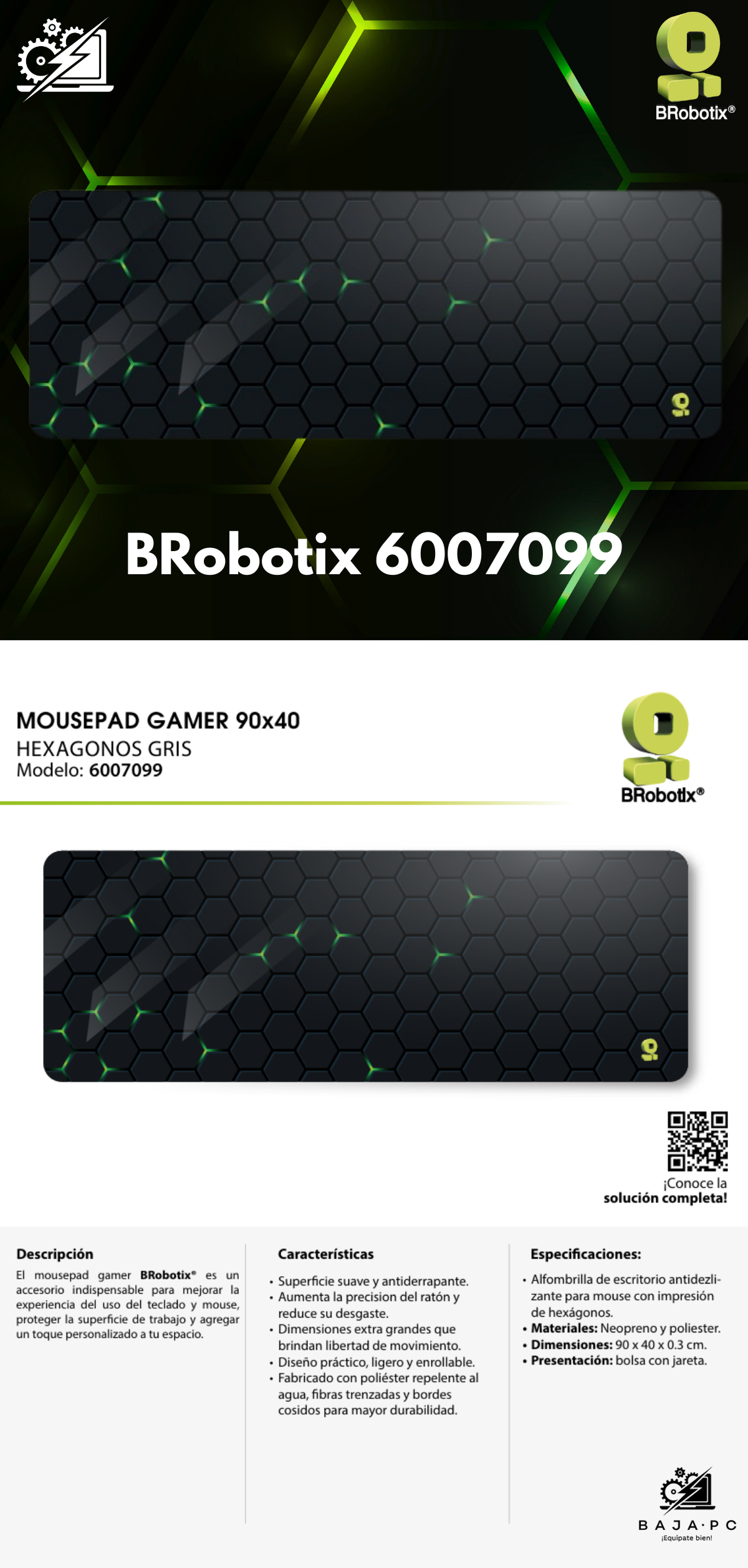 Mousepad Gamer BRobotix 6007099, 90cm x 400mm, Grosor 3mm