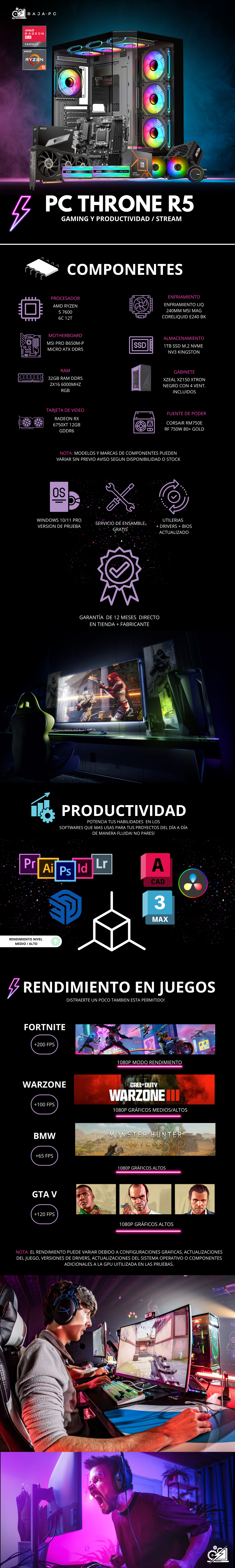 PC THRONE R5 / AMD RYZEN 5 7600 / RADEON RX 6750XT / 32GB RAM DDR5 / 1TB SSD M.2 NVME / FUENTE 750W 80+ GOLD/ ENFRIAMIENTO LIQ 240MM / PROMOCION