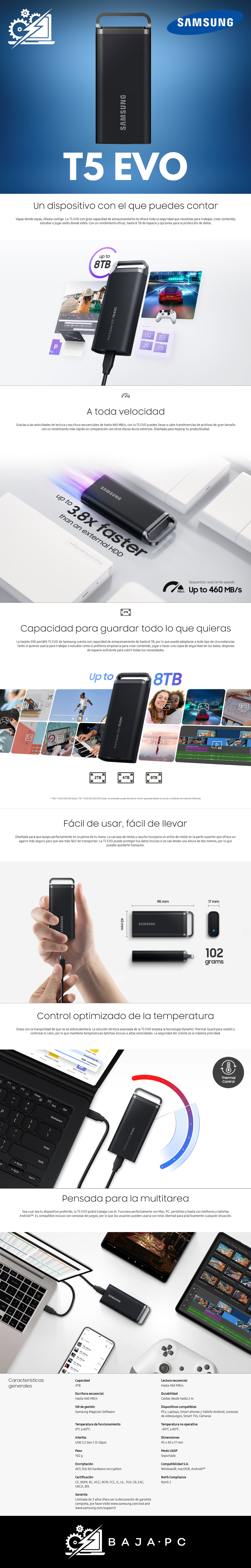 Unidad de almacenamiento externo SSD Samsung T5 EVO / 4TB / macOS / Windows / Android