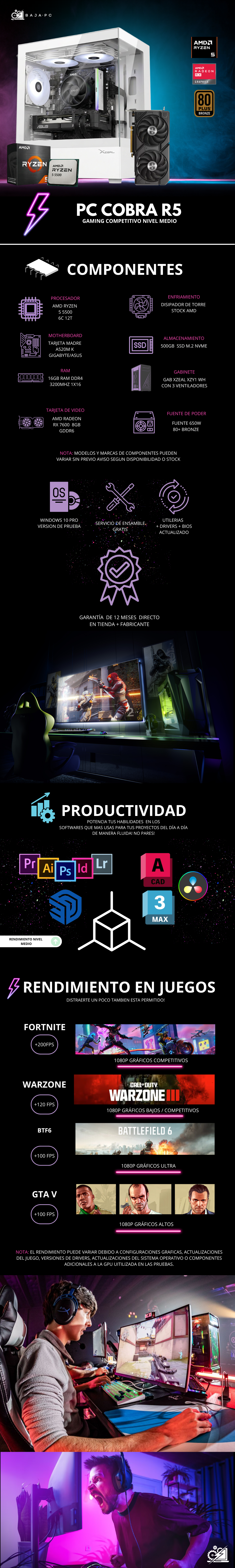 PC COBRA R5 / AMD RYZEN 5 5500 / RADEON RX 7600 / 16GB RAM / 500GB SSD NVME / A520M / FUENTE 650W 80+ BRONZE / W11 PRO / PROMOCION