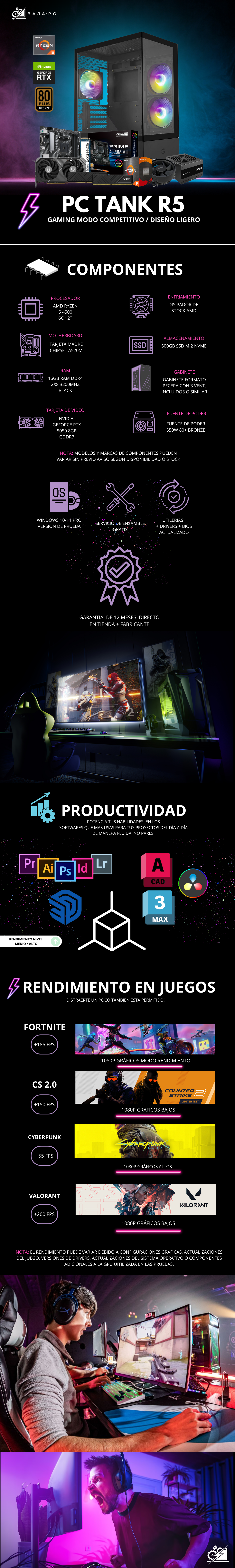 PC TANK R5 / AMD RYZEN 5 4500 / RTX 5050 / 16GB RAM / 500GB SSD NVME / A520M / DISIPADOR DE TORRE / FUENTE 550W 80+ BRONZE / W11 PRO / PROMOCION