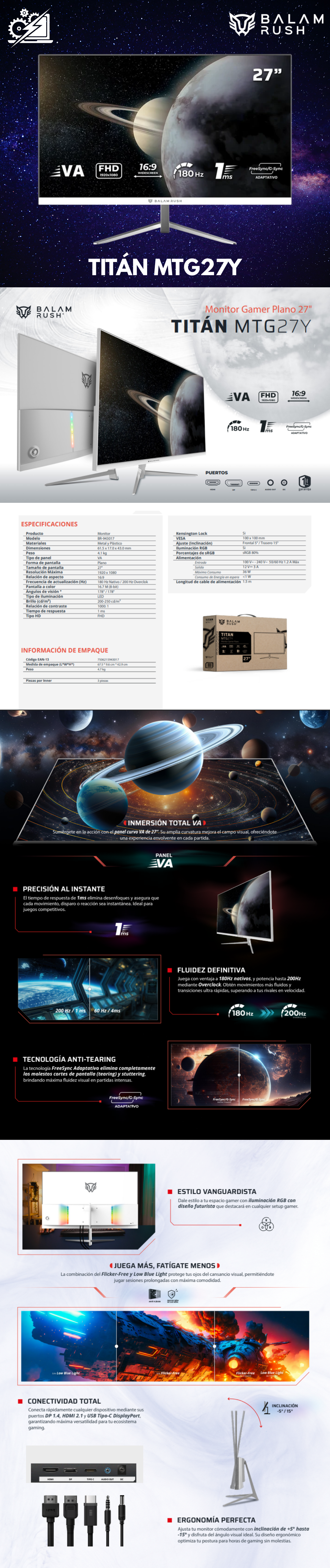 Monitor Gamer Balam Rush Titan MTG27Y LED 27", 1920x1080 Full HD, G-Sync/FreeSync, 180Hz, HDMI/DisplayPort, Blanco
