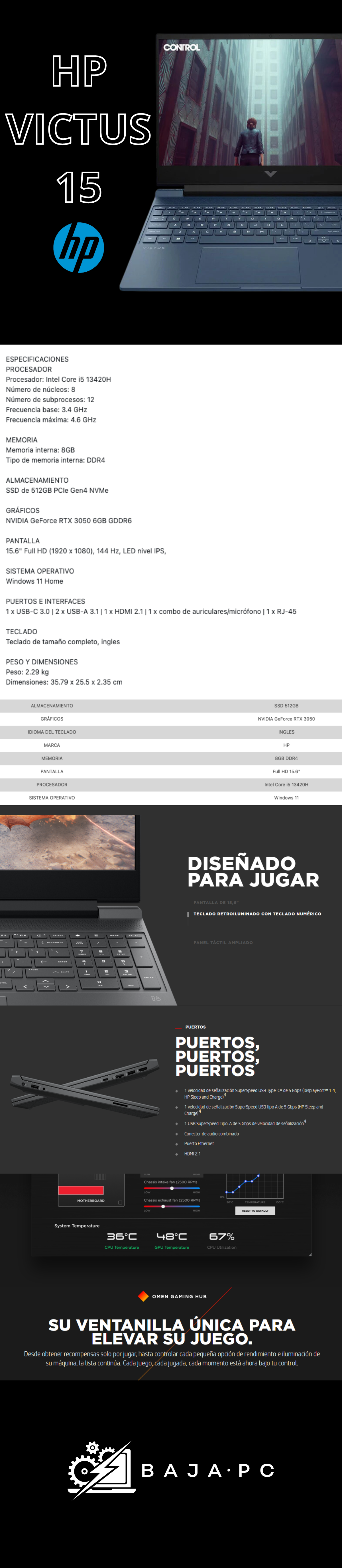 Laptop Gamer HP Victus 15 / Intel Core I5-13500H/ RTX 4050 / 16GB RAM / 1TB SSD / Pantalla 15.6" FHD IPS LED 144HZ / Windows 11