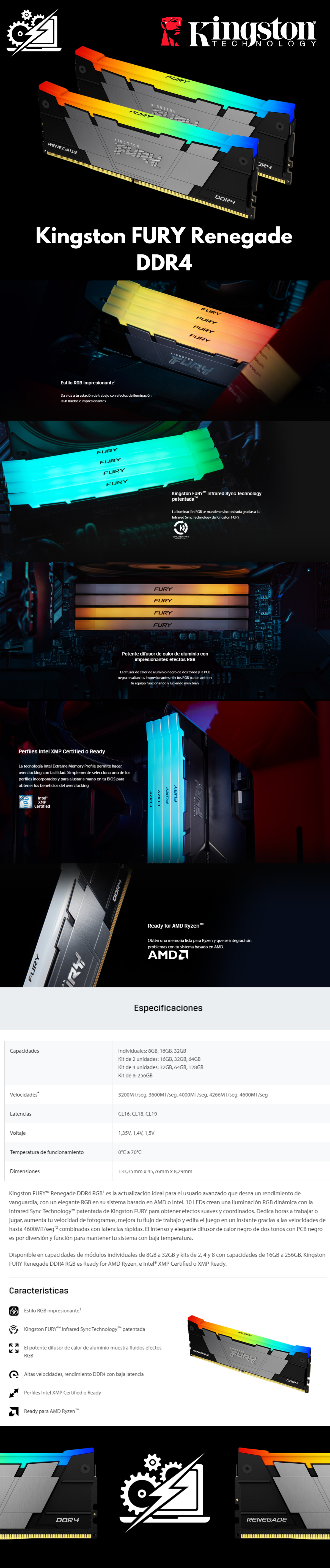 Memoria RAM Kingston FURY Renegade RGB DDR4 / 3200MT/S / 8GB / RGB / Non-ECC / CL16 / XMP / KF432C16RB2A/8