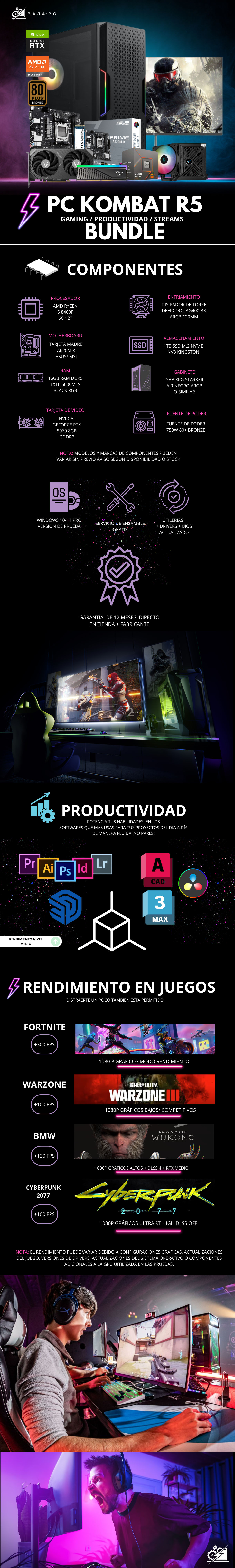 PC KOMBAT R5 / AMD RYZEN 5 8400F / RTX 5060 / 16GB RAM DDR5 / 1TB SSD NVME / DISIPADOR DE TORRE ARGB / FUENTE 750W 80+ BRONZE / W11 PRO / PROMOCION