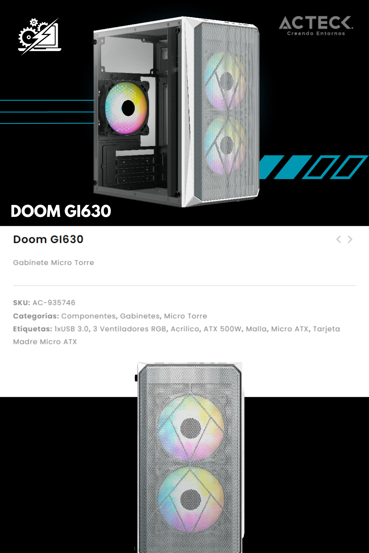 Gabinete Acteck Doom GI630 / Blanco / Micro ATX/ Mini-ITX / Fuente 500W / Ventana Acrílico / AC-935746